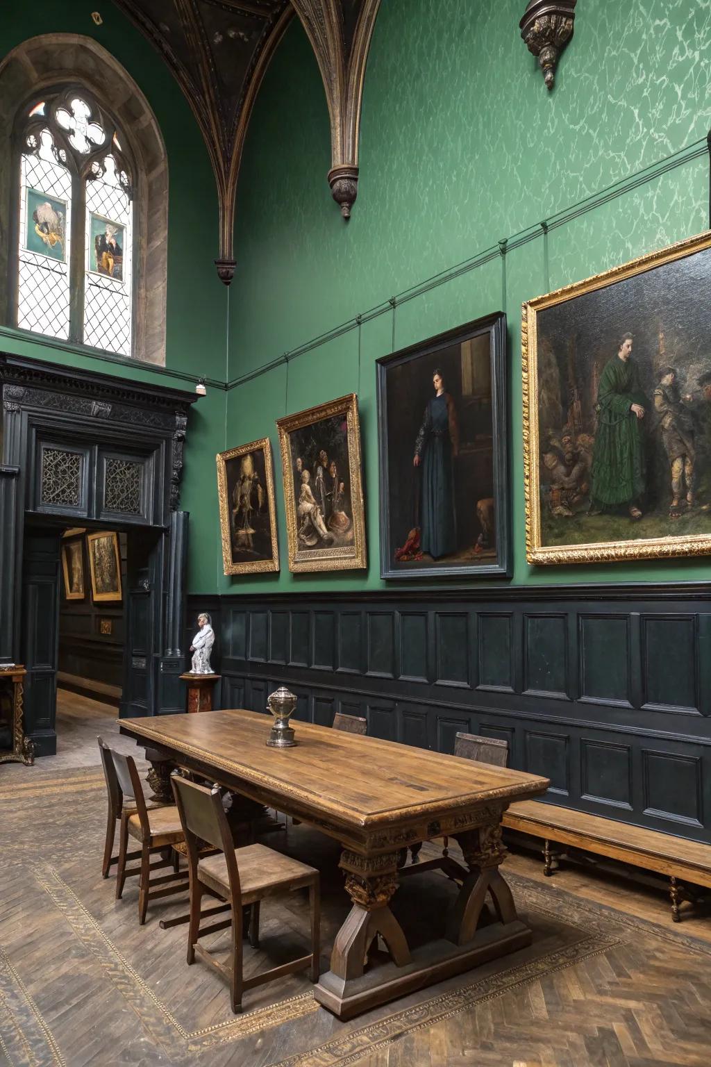 A chamber adorned in a sumptuous color scheme, radiating gothic charm.