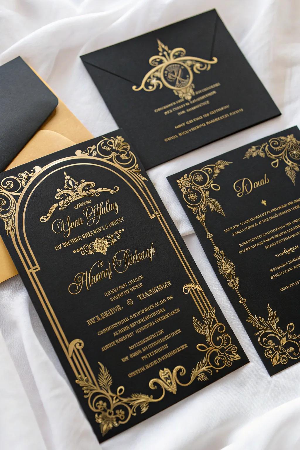 Sophisticated gothic wedding announcements featuring obsidian and gilt designs.