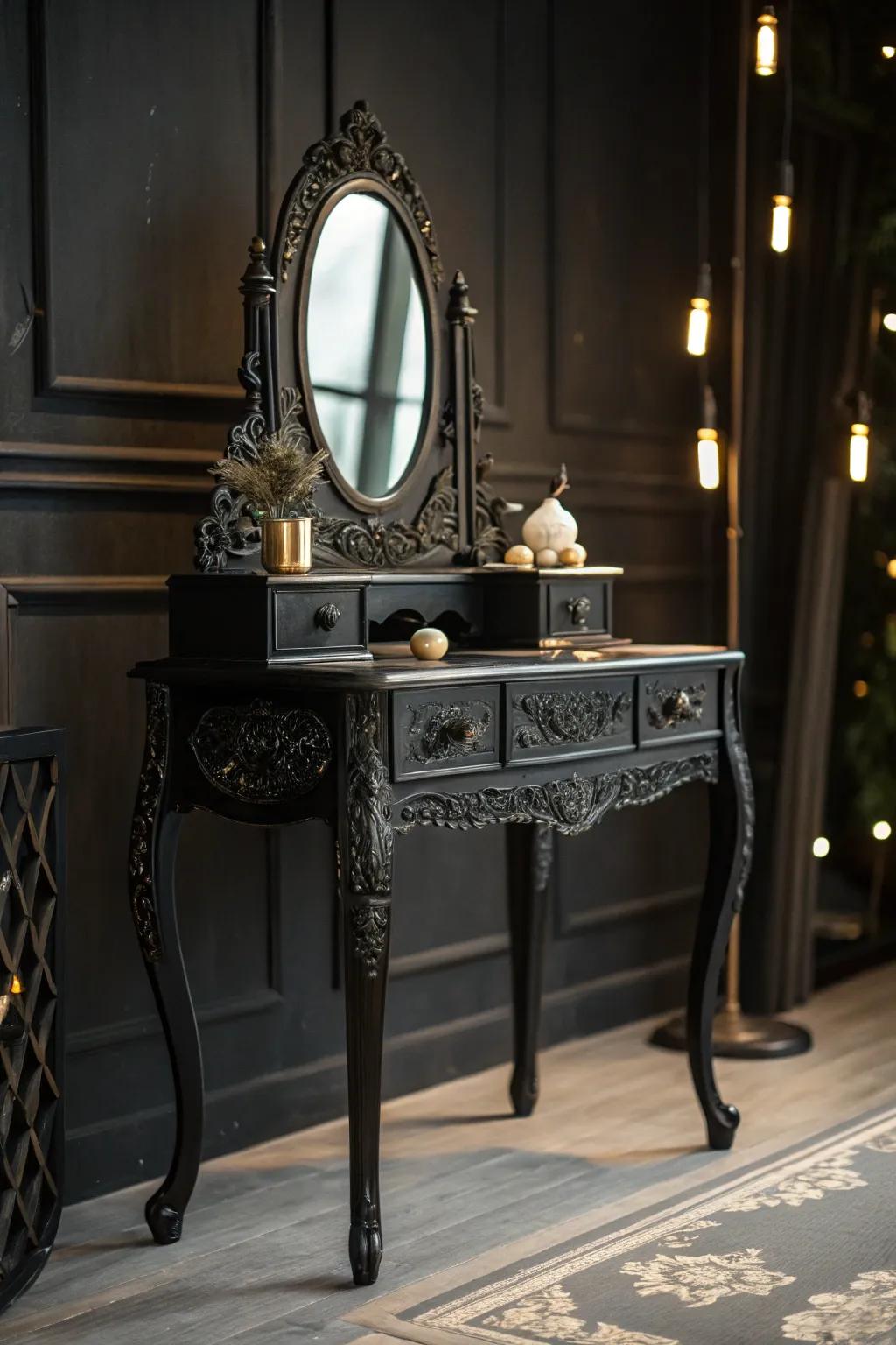An antique obsidian dressing table with elaborate detailing serves as an eye-catching centerpiece.