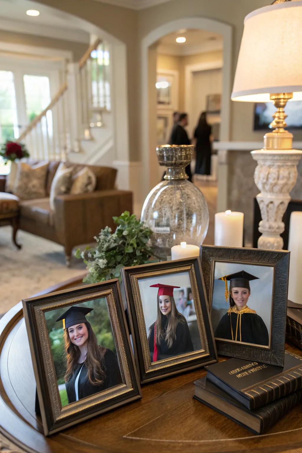 A centerpiece decorated with framed photos of the graduate, adding a personal touch that warms the heart.
