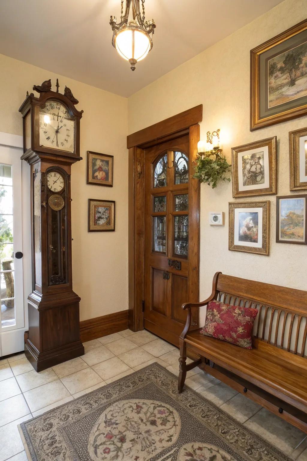 A time-honored timepiece turns a simple entrance hall into an elegant welcoming space.