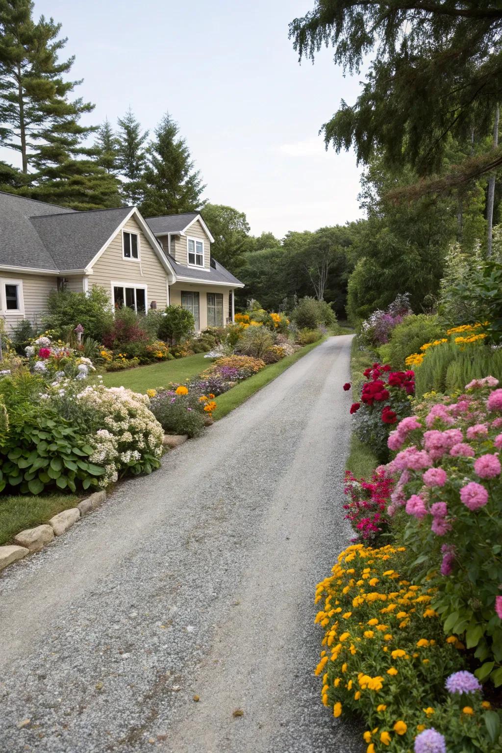 Gravel driveway adorned with striking flower beds.
