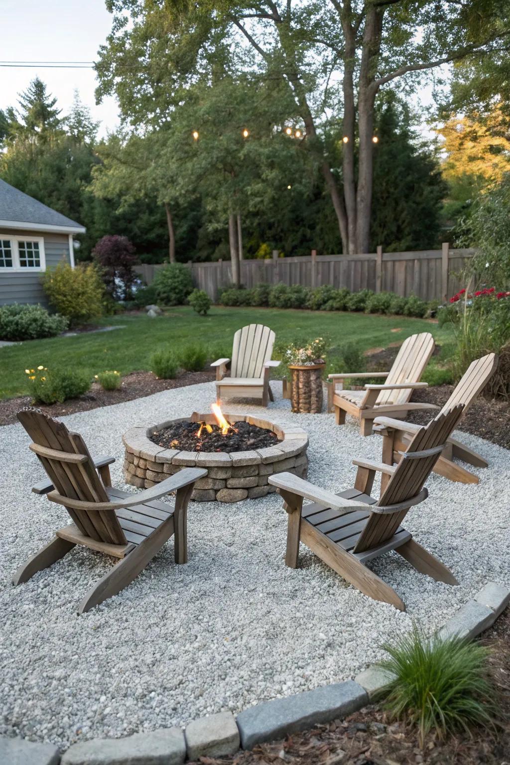 Lounger seats introduce a touch of traditional allure to any gravel fire pit design.