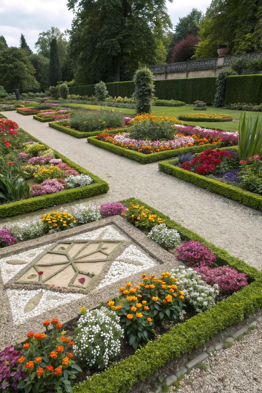 A pebble flower bed showcasing bold geometric patterns