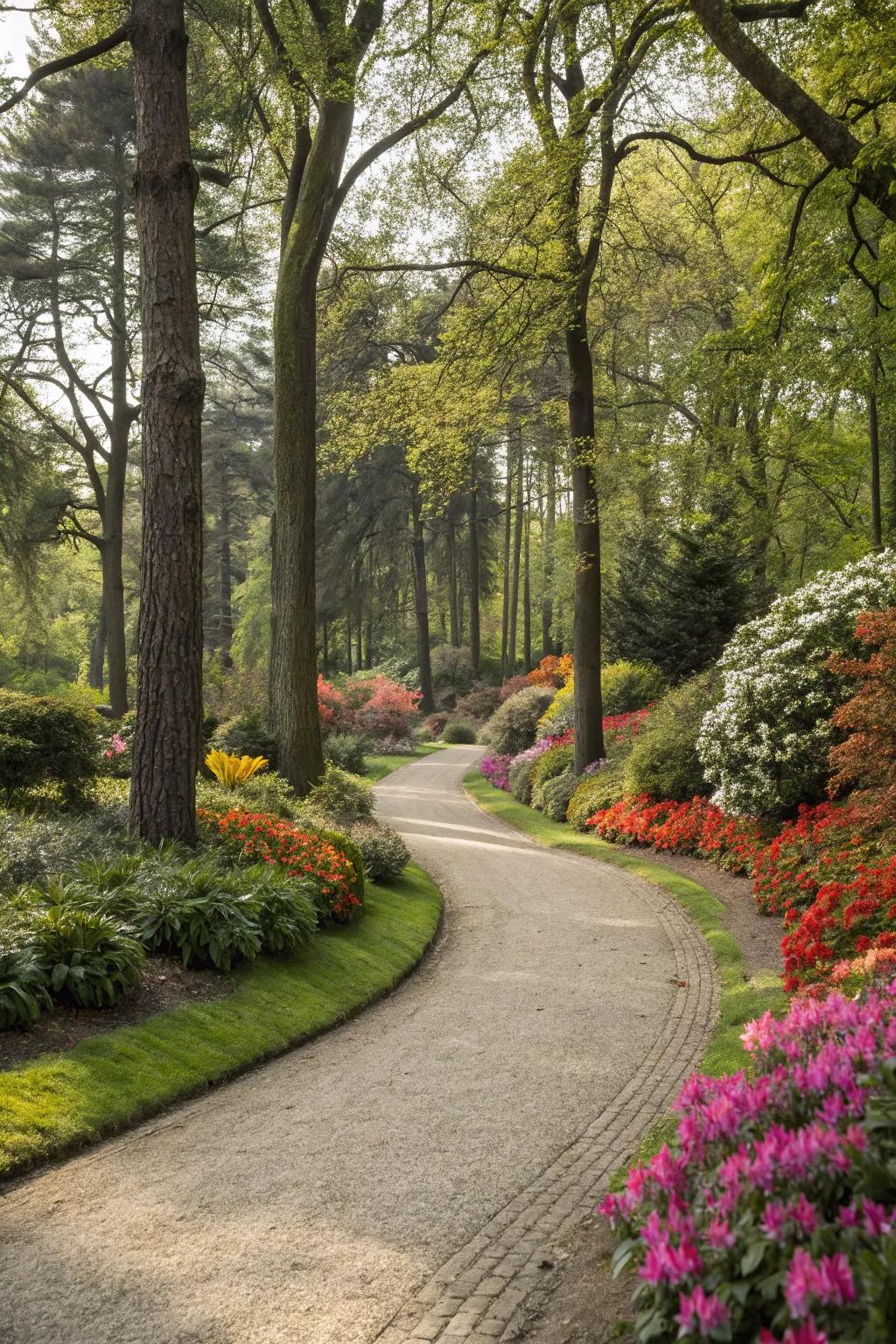 A gracefully curved gravel path invites you through a scenic garden.