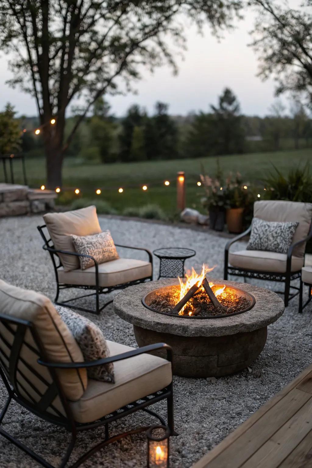 A gravel patio showcasing a central blaze sphere, encircled by inviting seating.