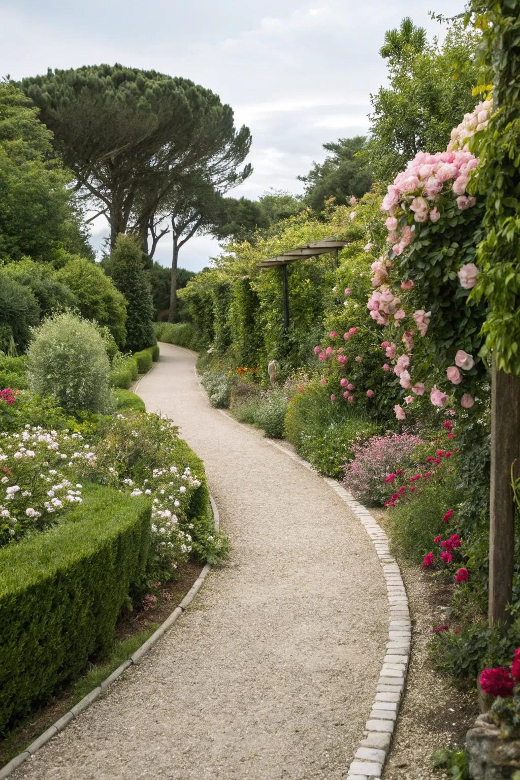 A curved gravel path weaving through a lush garden