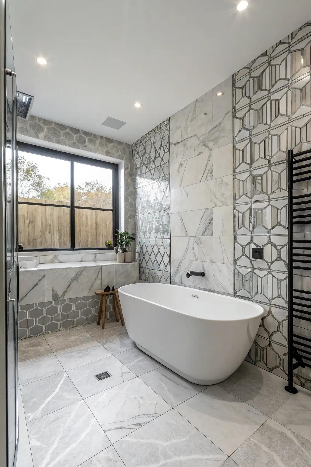 This bathroom gains elegance through the incorporation of gray and white marble panels.