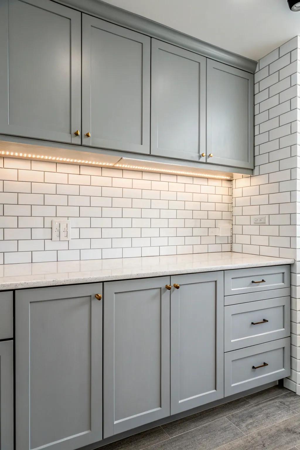 Gray cabinets complemented by a white brick backsplash, creating a fresh and classic ambiance.