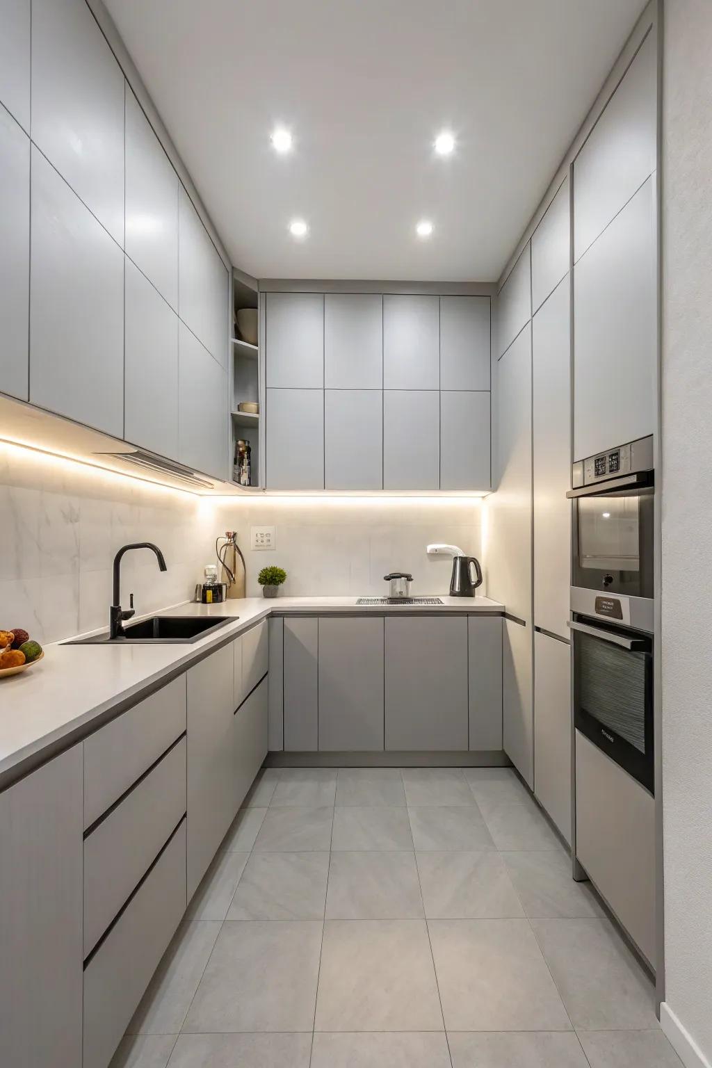 A minimalist cooking area emphasizing the grace of smooth gray cabinetry.