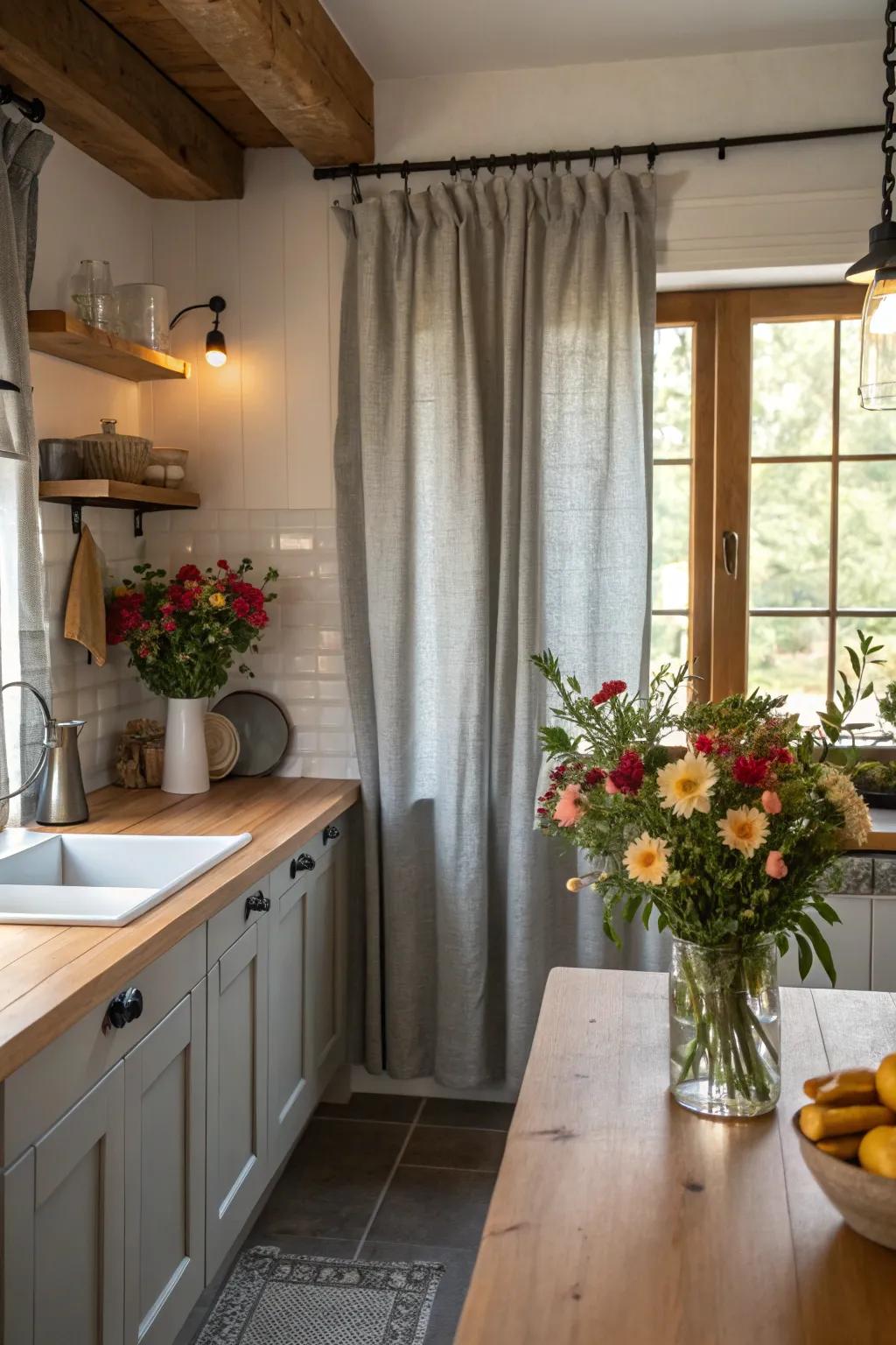 Elegant gray linen curtains bring a harmonious balance of light and sophistication to the kitchen.