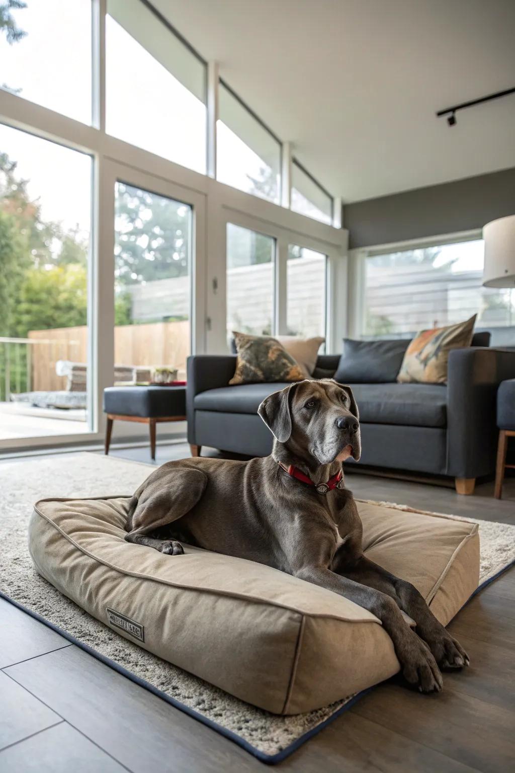 A grandiose cushion transforms into a comfortable and stylish bed for your Great Dane.