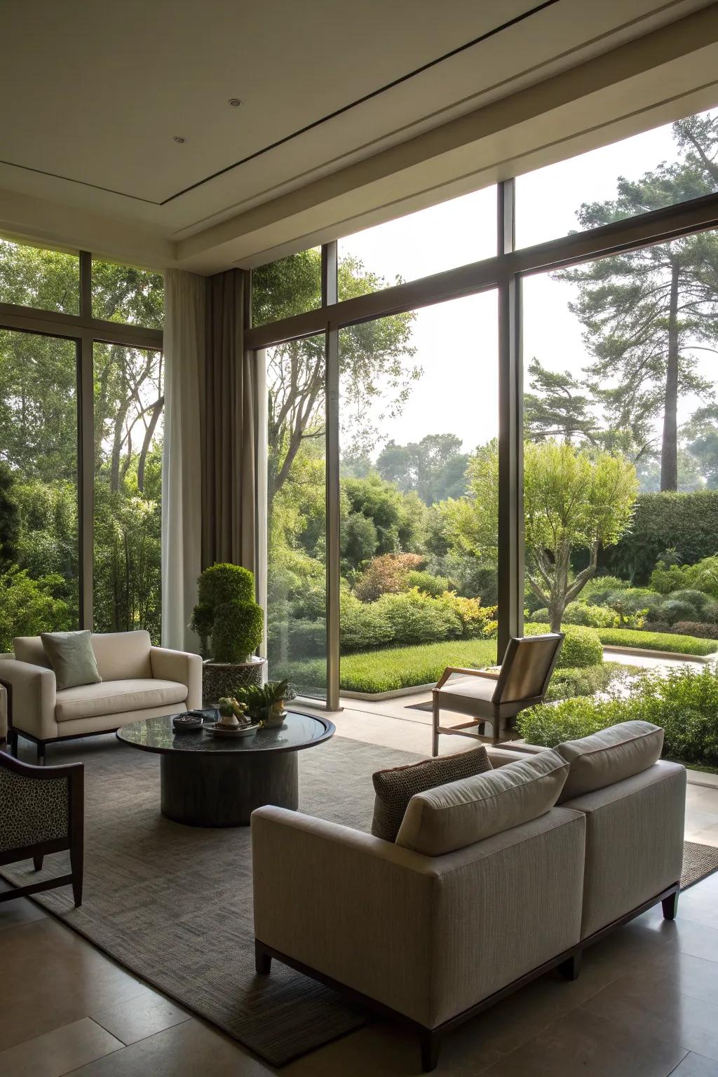 A contemporary living area boasting expansive windows that showcase a mesmerizing garden vista.
