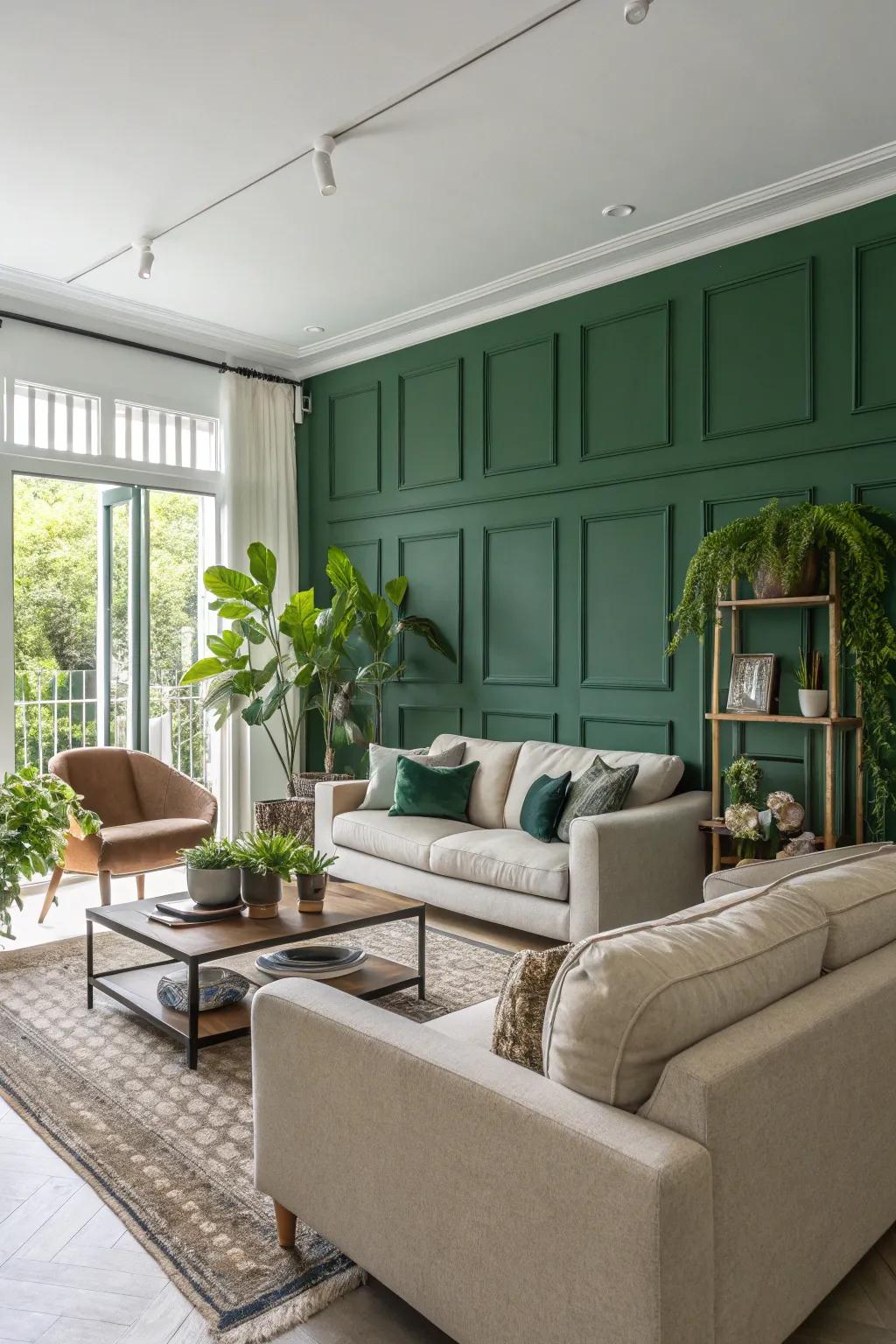 Walls painted in deep green impart a sense of calm to this contemporary living space.
