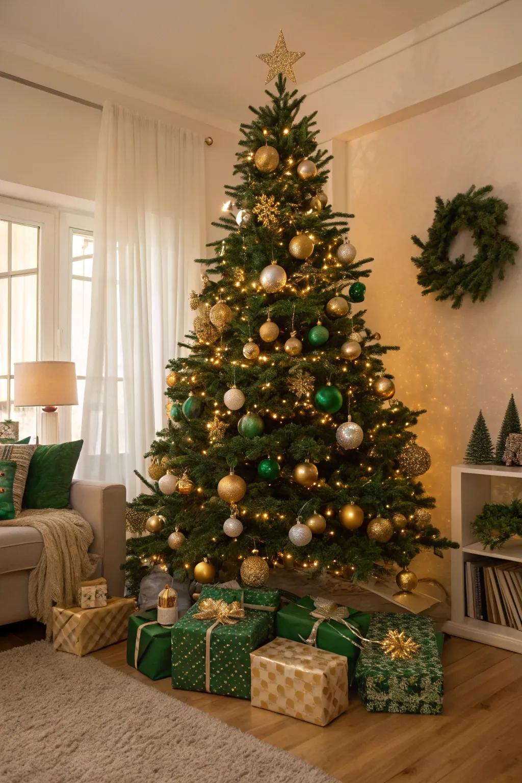 Timeless green and gold baubles on a Christmas tree