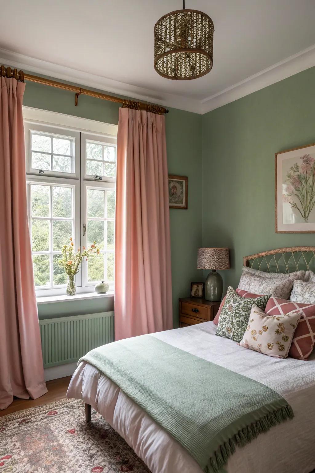 Misty green and delicate pink come together to form a calming and welcoming ambiance.
