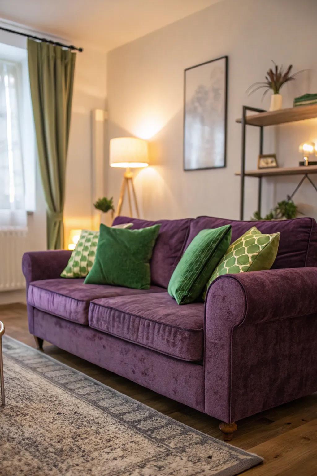 A deluxe purple velvet couch embellished with green cushions.
