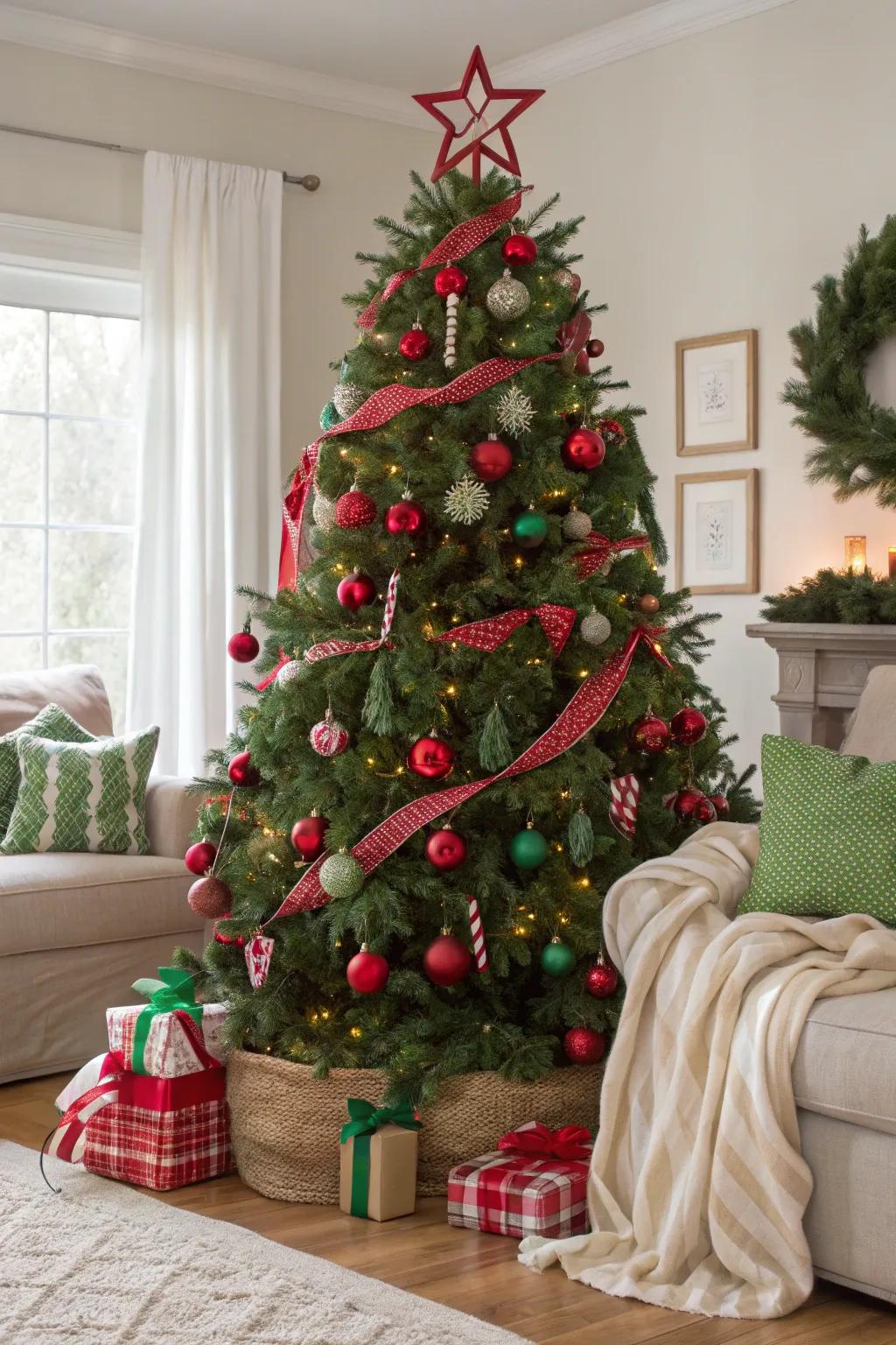 A quintessential green and red Christmas tree adorned with nostalgic embellishments.