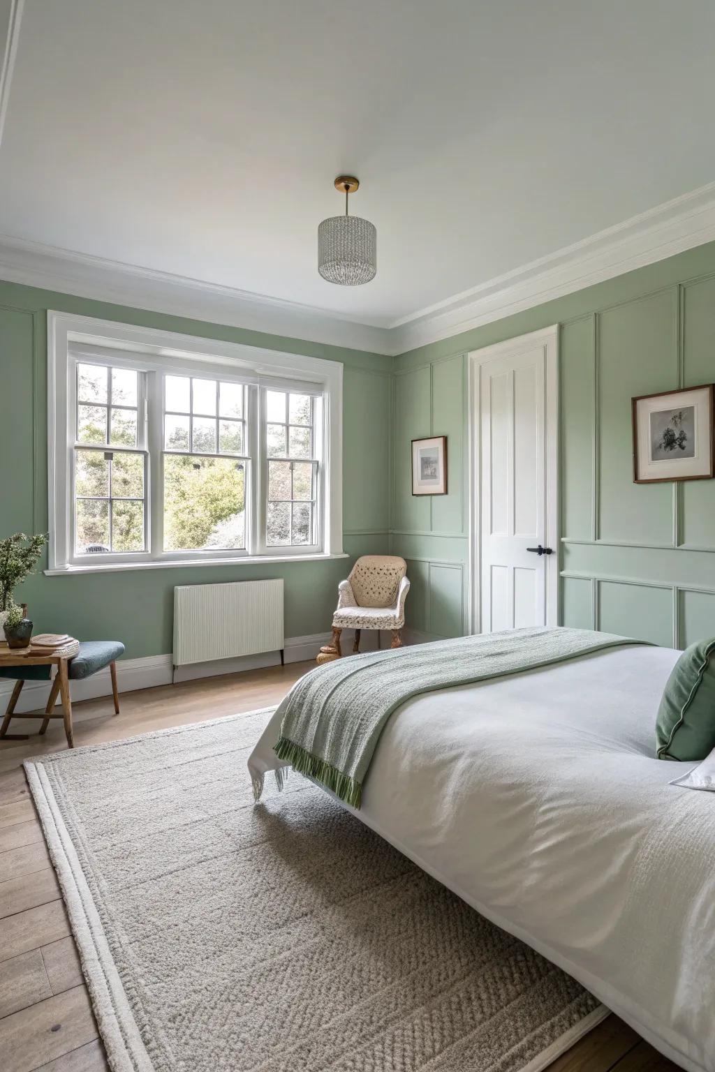 Mellow green walls paired with bright trim create a serene backdrop.