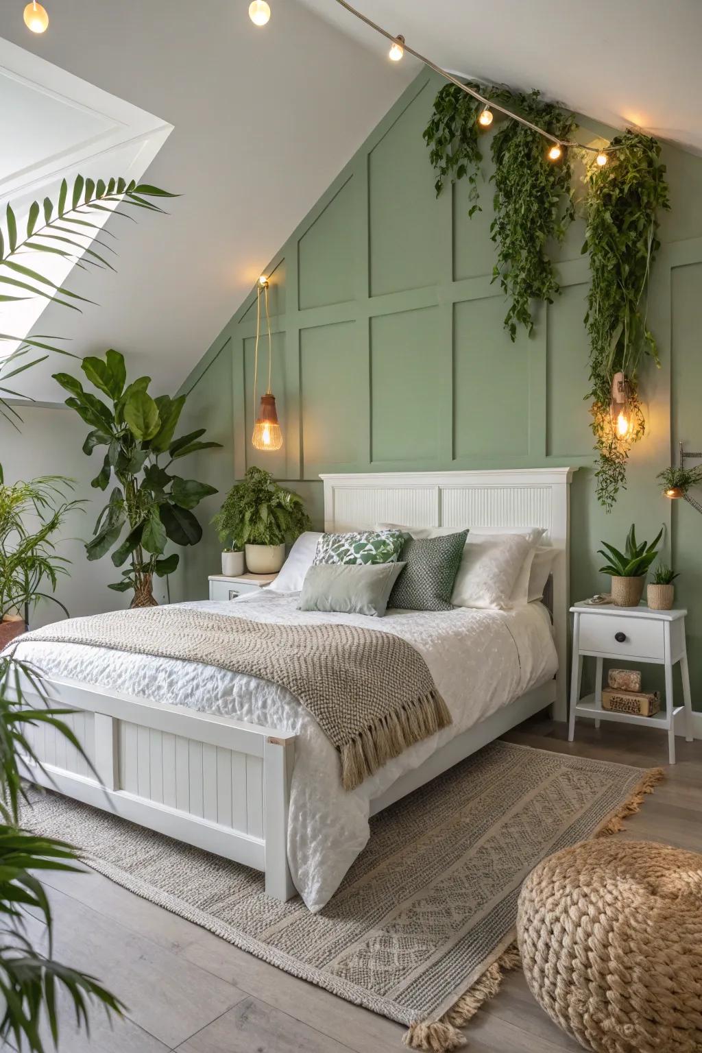 A gentle green feature wall makes a calm background in this comfy bedroom.