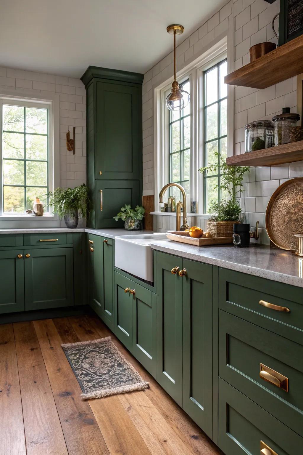 Elegant kitchen featuring deep forest green cabinets enhanced by brass elements.