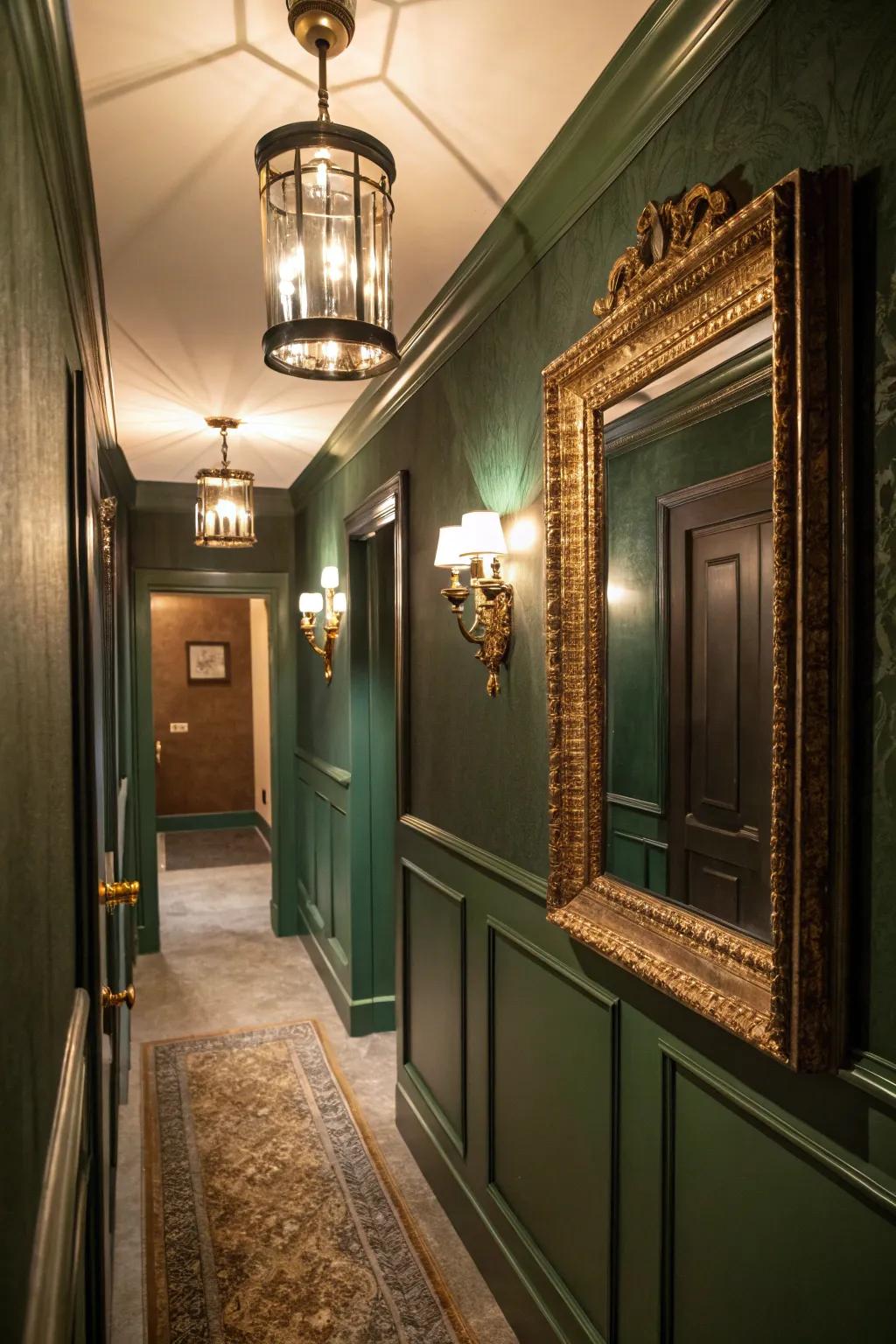A hallway painted in deep forest green creates a welcoming and luxurious atmosphere.