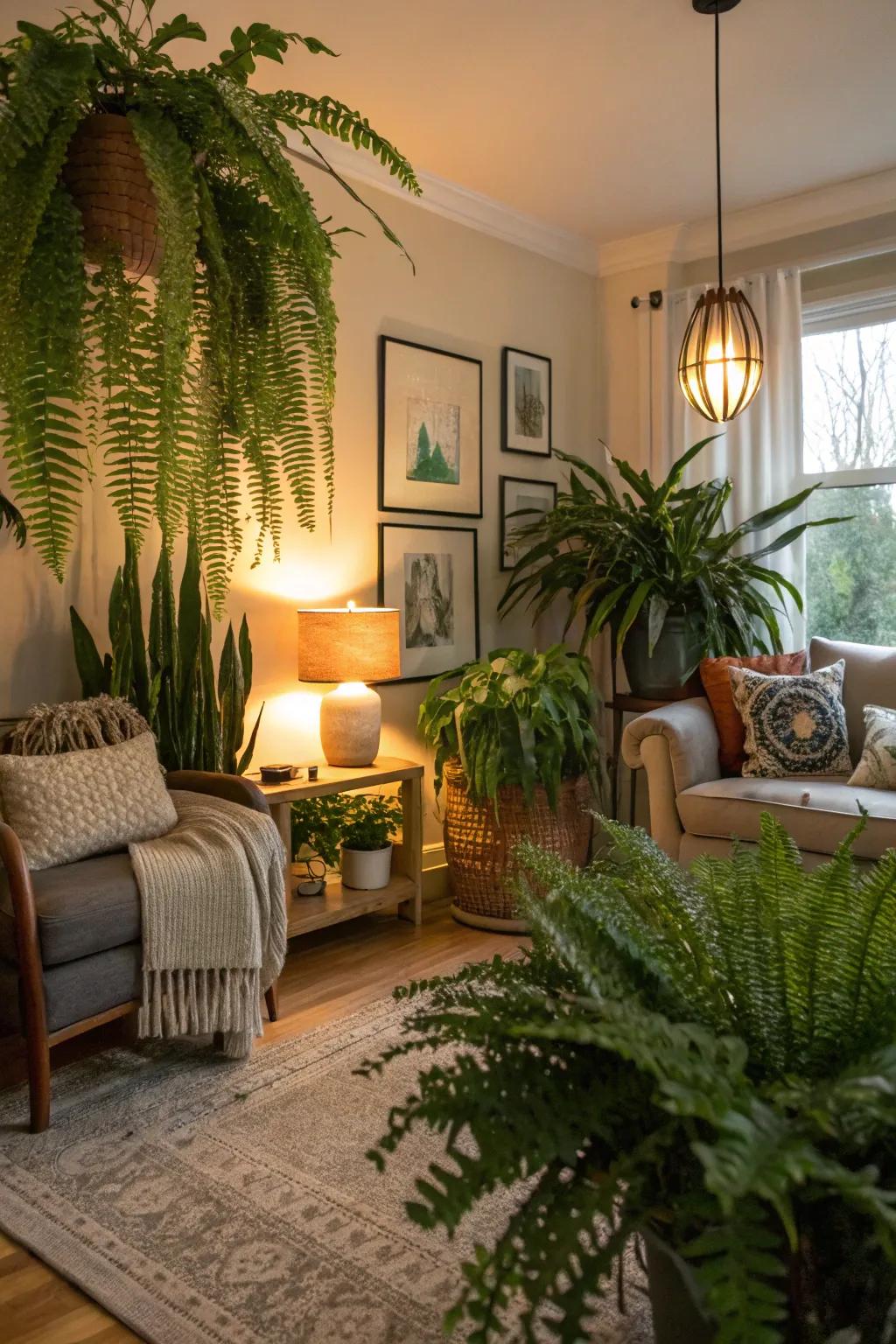 A living area brimming with diverse indoor plants, creating an invigorating ambiance.