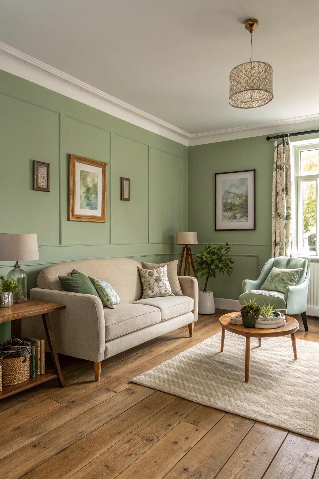 Soft mint walls provide a soothing and refined ambiance.