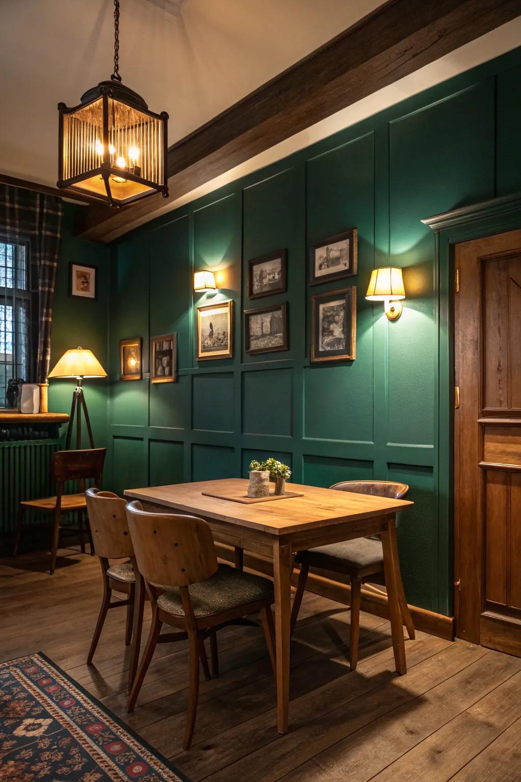 Profound green walls harmonized with hardwood furnishings conjure a snug and inviting ambiance.