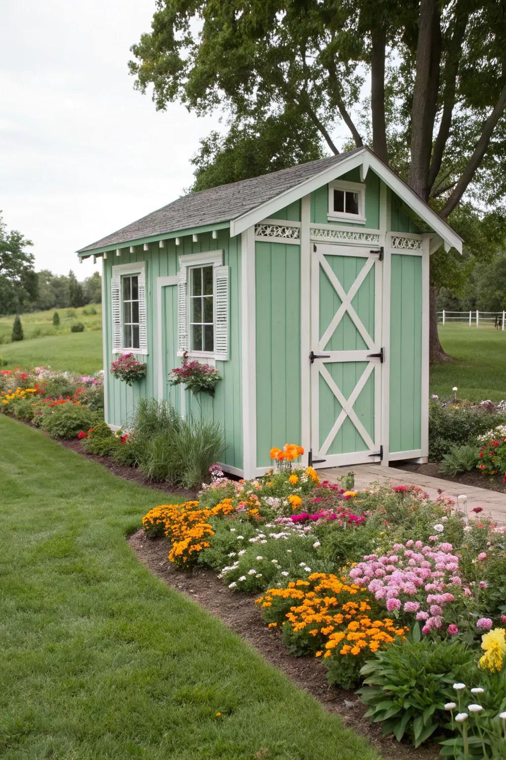 A mint green shed gives a fresh and vibrant touch to the garden.