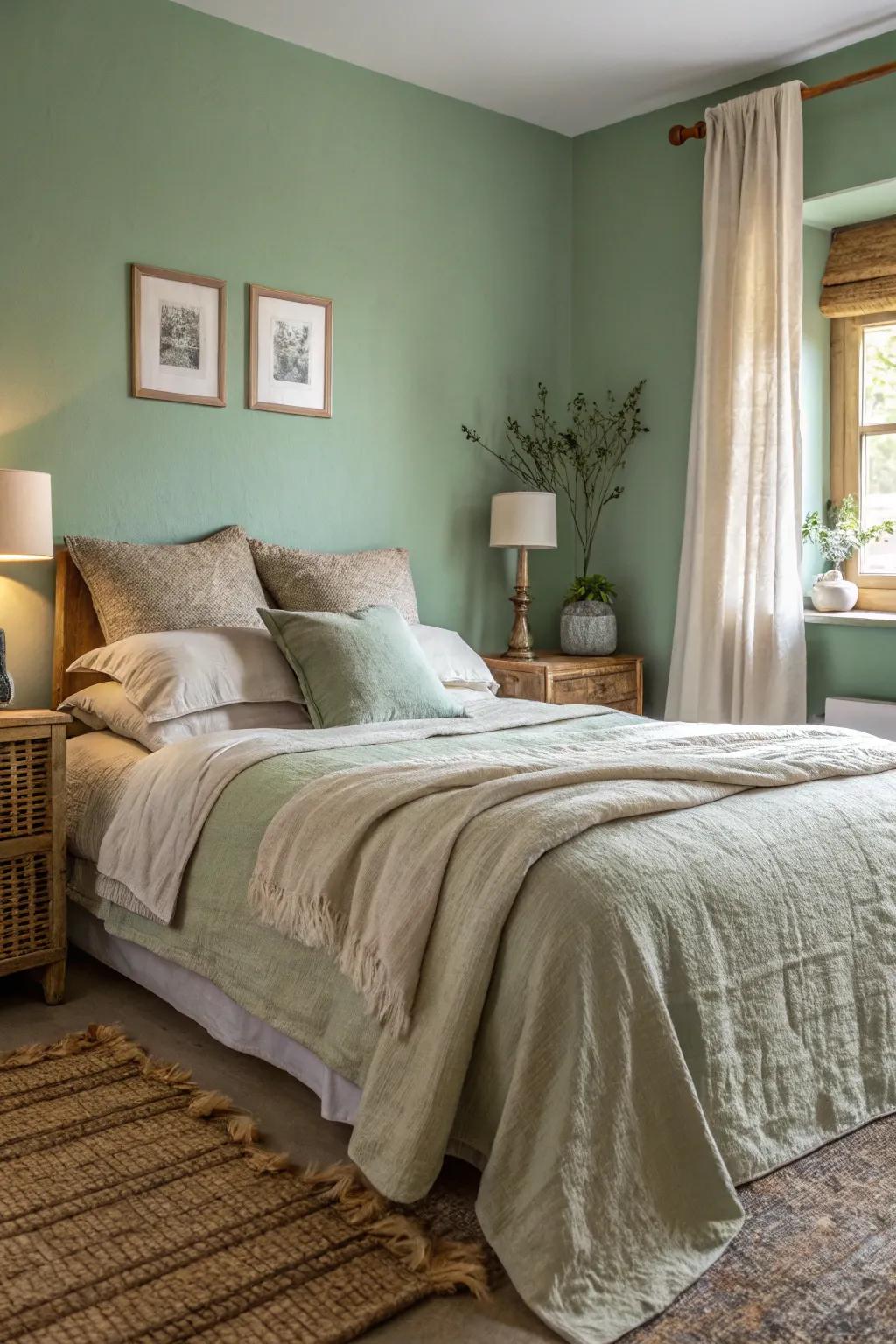 A serene bedroom showcasing verdant shade walls and organic linen bedding.
