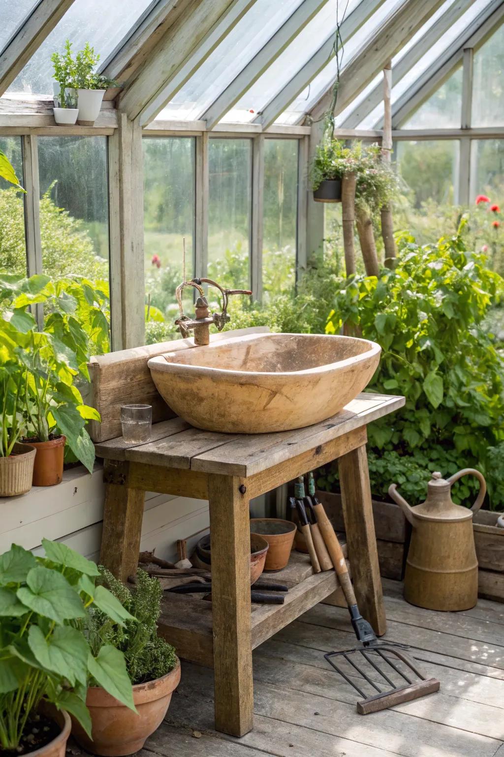 A country-style lumber sink that harmonizes flawlessly with its greenhouse setting.