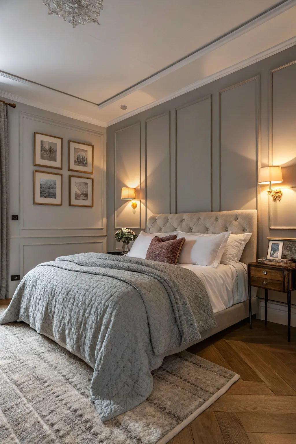 A comfortable bedroom showcased with a gentle grey focal wall.