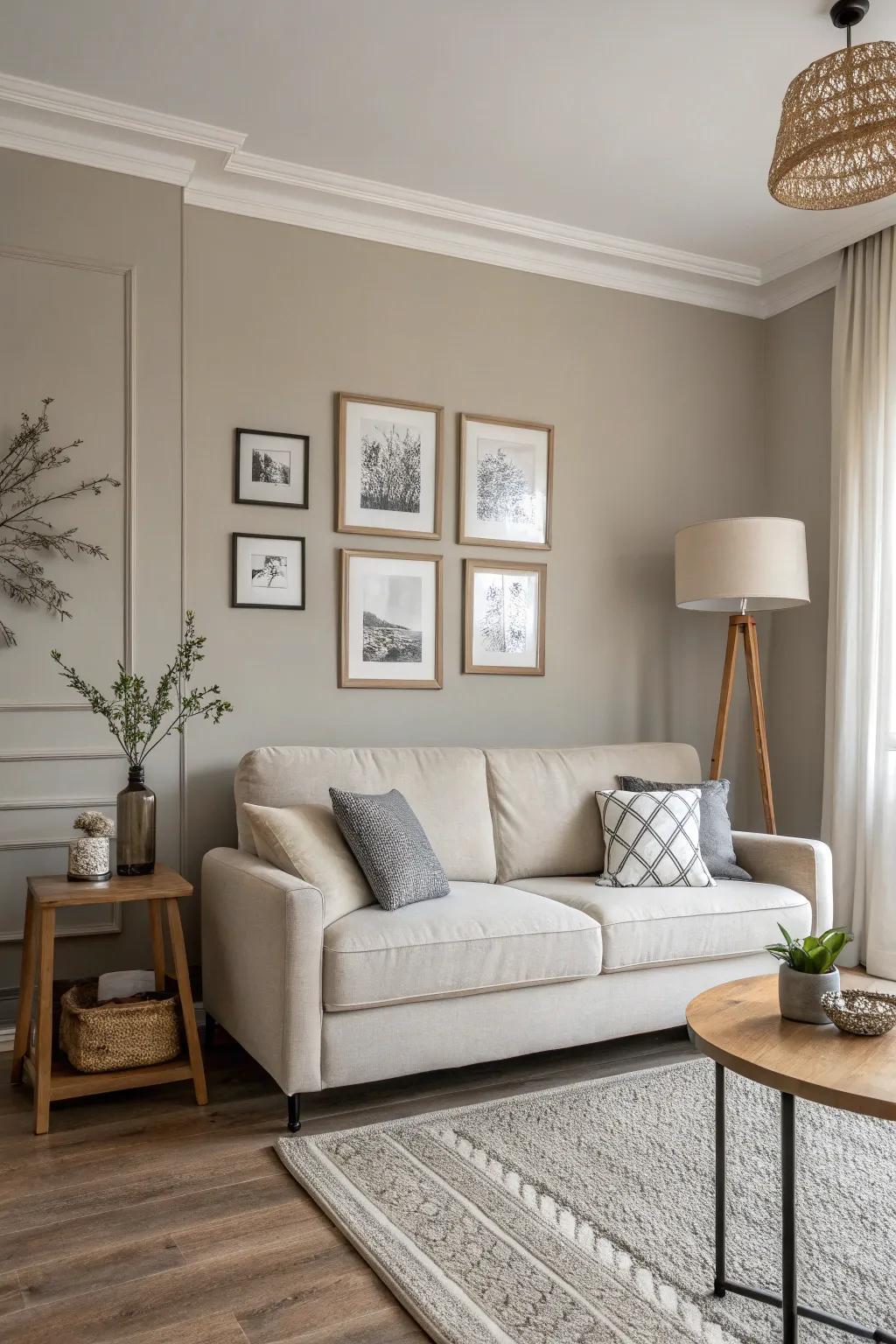 A living area enhanced by a soft grey feature wall.