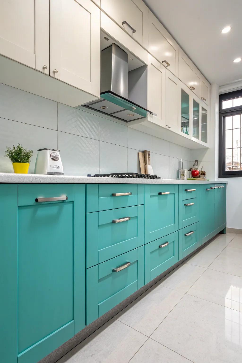 Striking aqua cabinets paired with subtle grey details create a stunning point of interest.