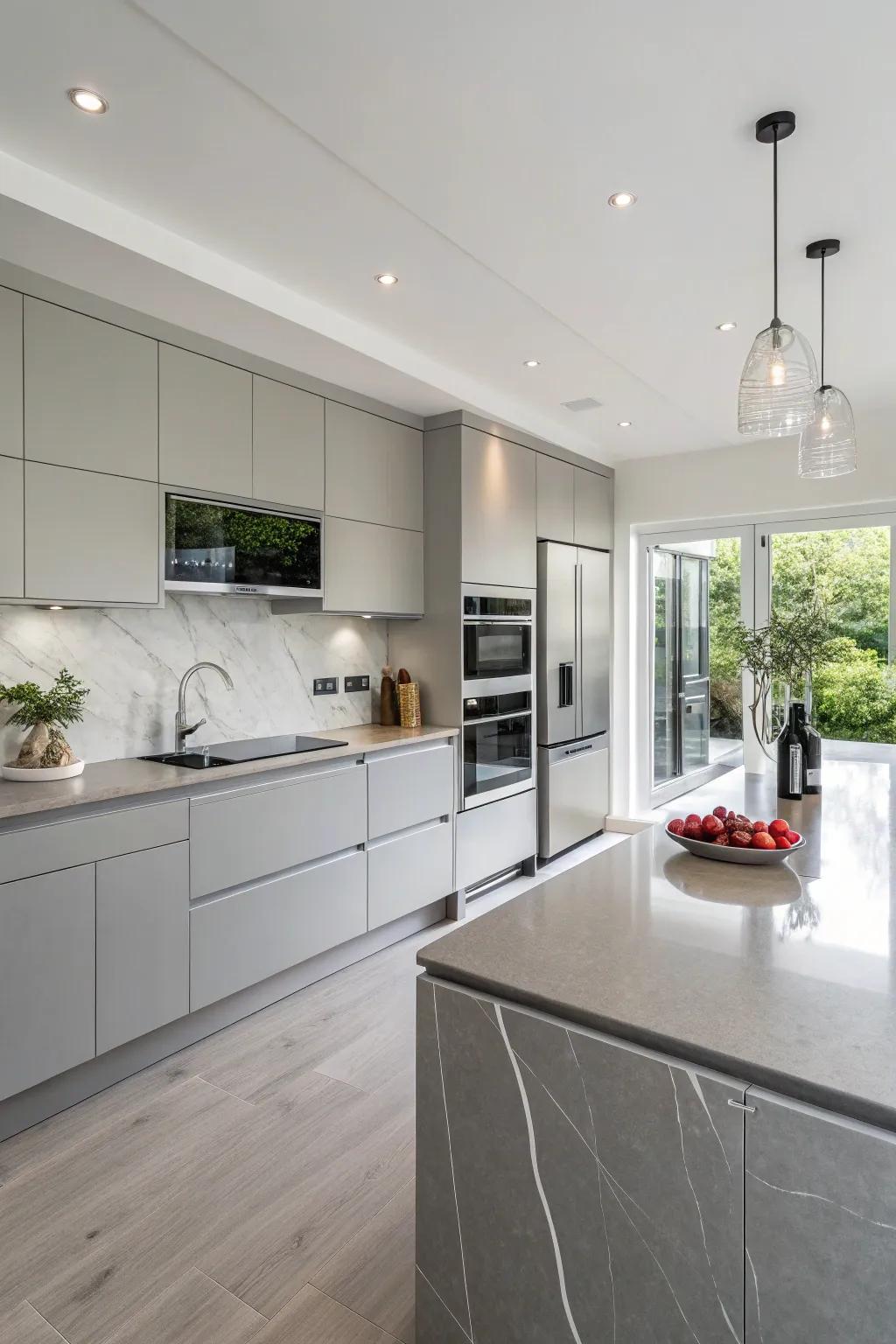 A modern kitchen featuring elegant grey mineral composite countertops.