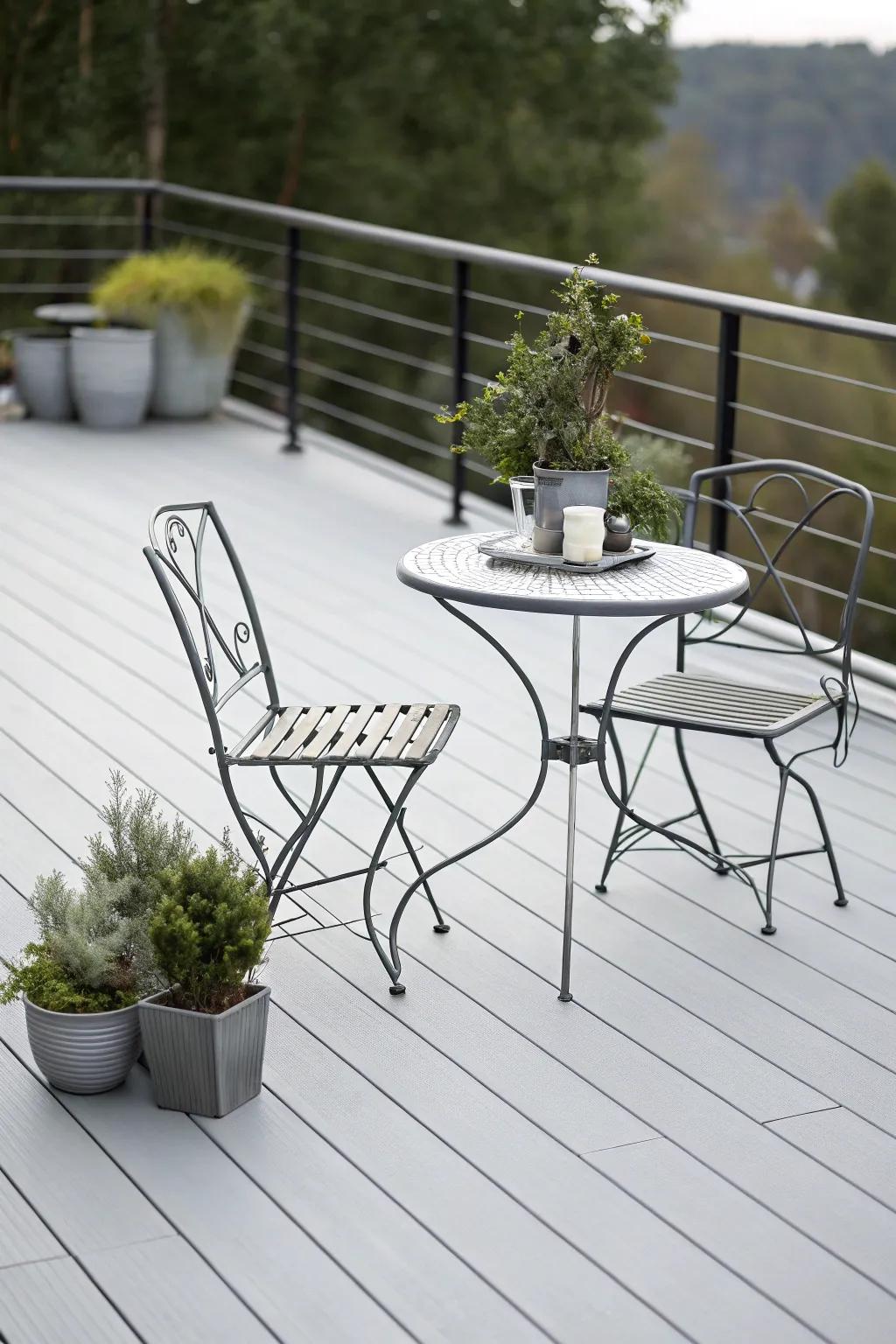 A minimalist grey patio featuring streamlined furnishings for a contemporary vibe.