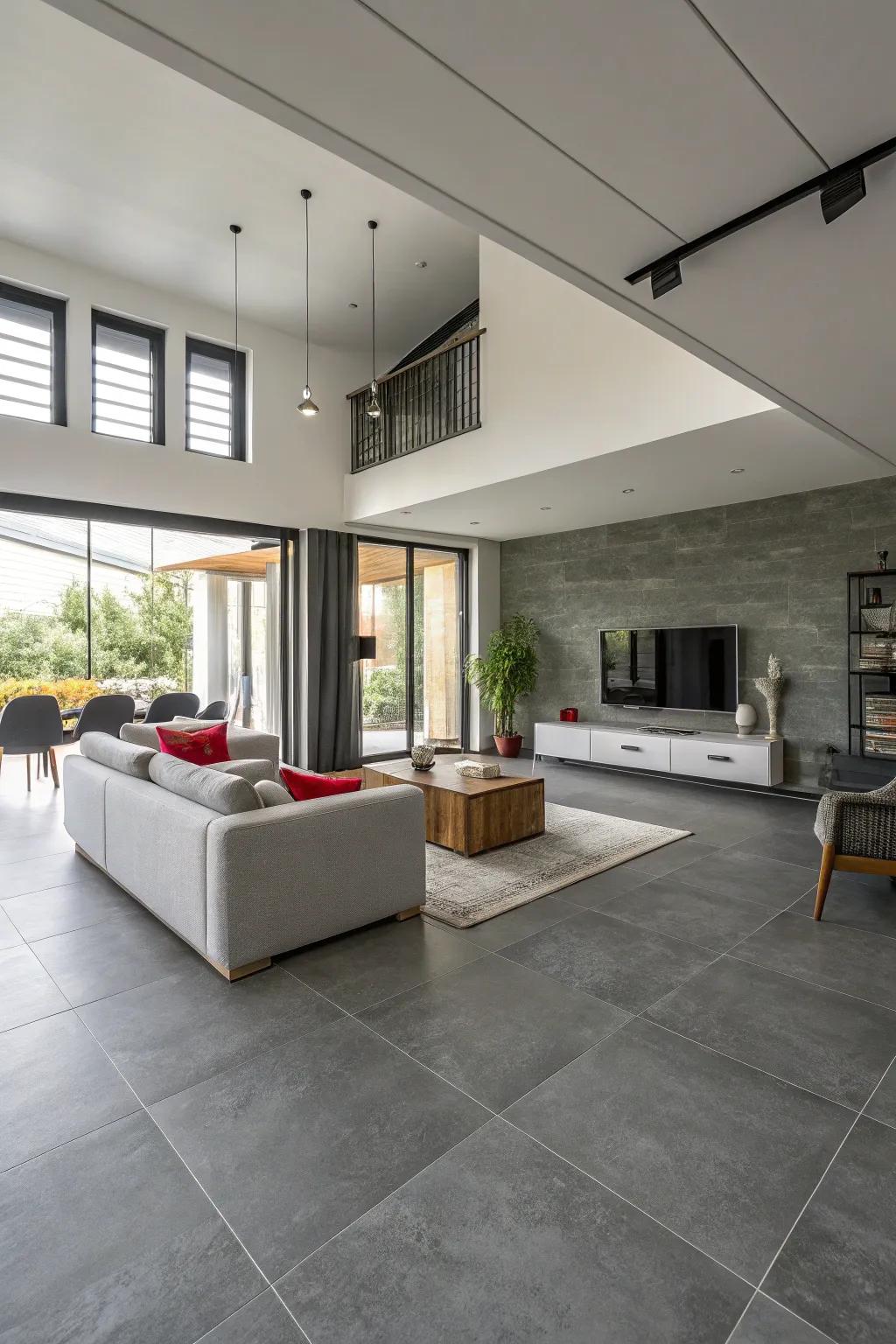 Vast grey tiles bring an open atmosphere to this trendy living space.