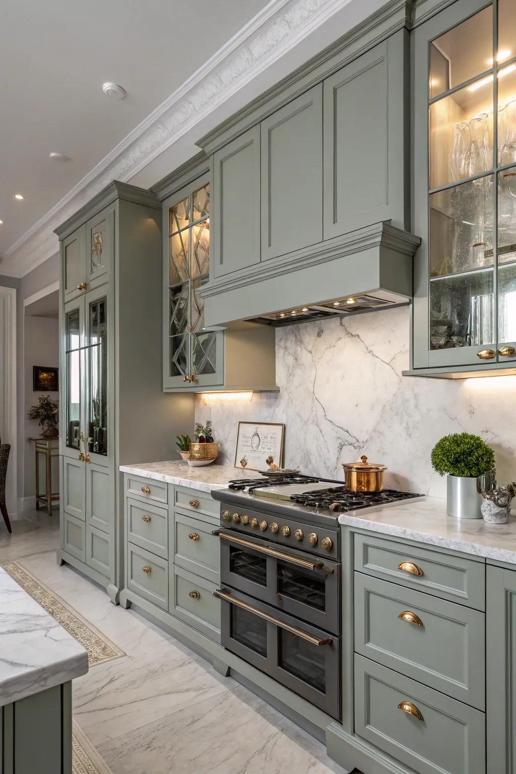 A classic kitchen shows marble countertops and greenish-gray cabinets.