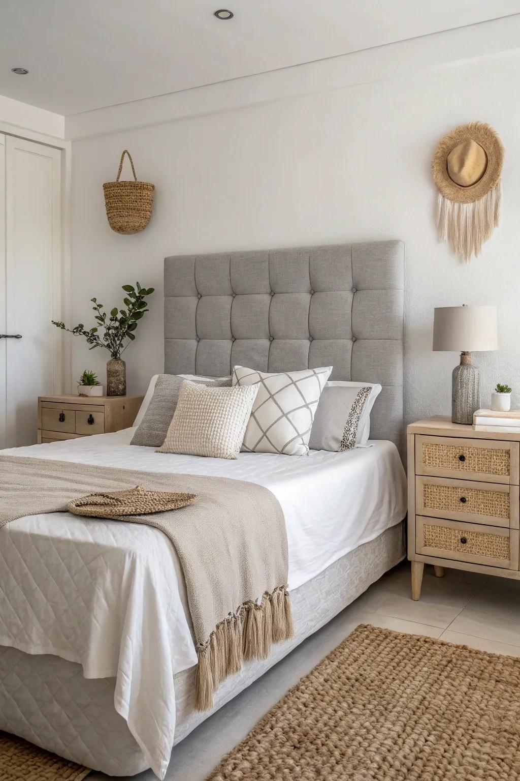 A minimalist bedroom featuring a stone-toned headboard with soft decor for a calming atmosphere.