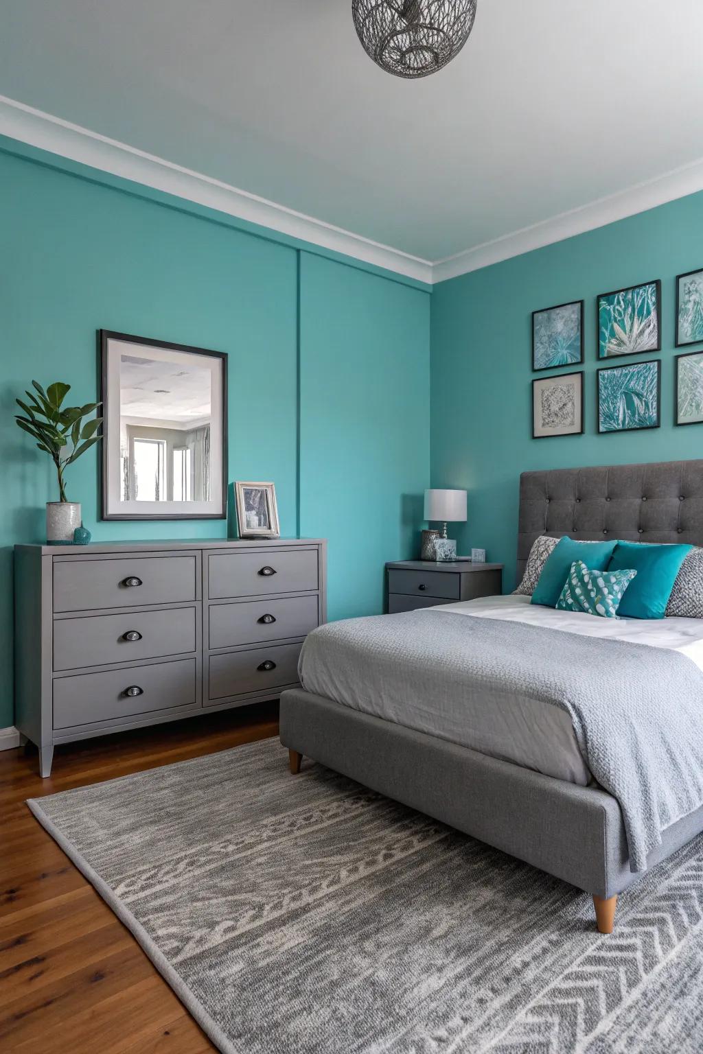A sky breeze feature wall introduces a revitalizing hint to a smoke hued themed bedroom.