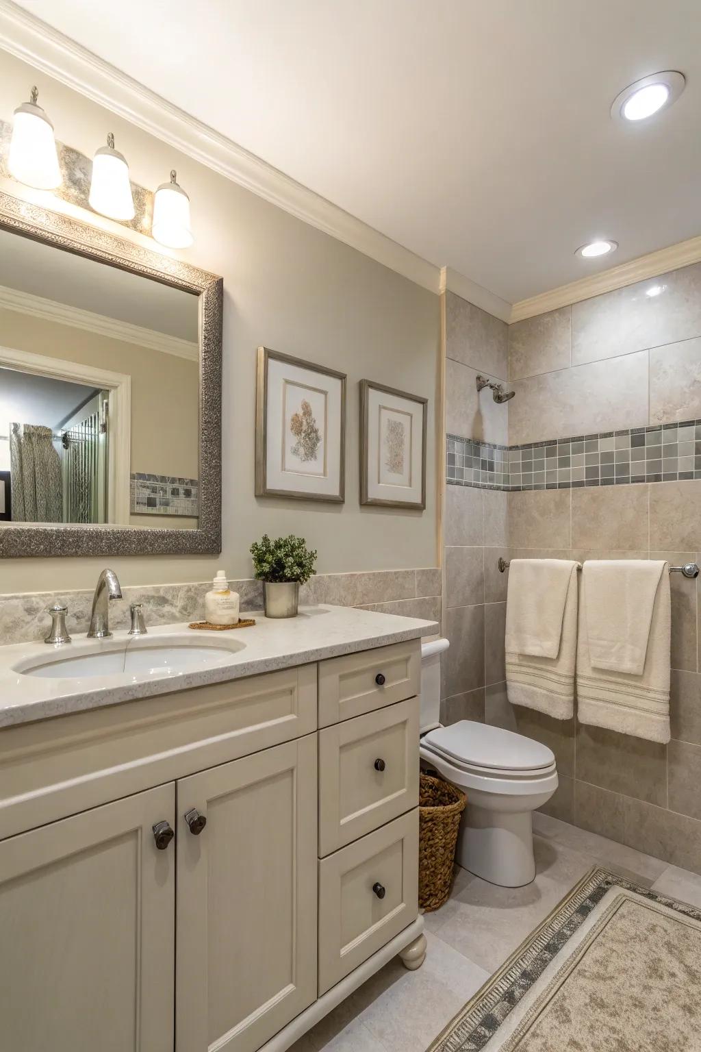 A guest bathroom featuring a soothing neutral color scheme with soft beige and gray hues.