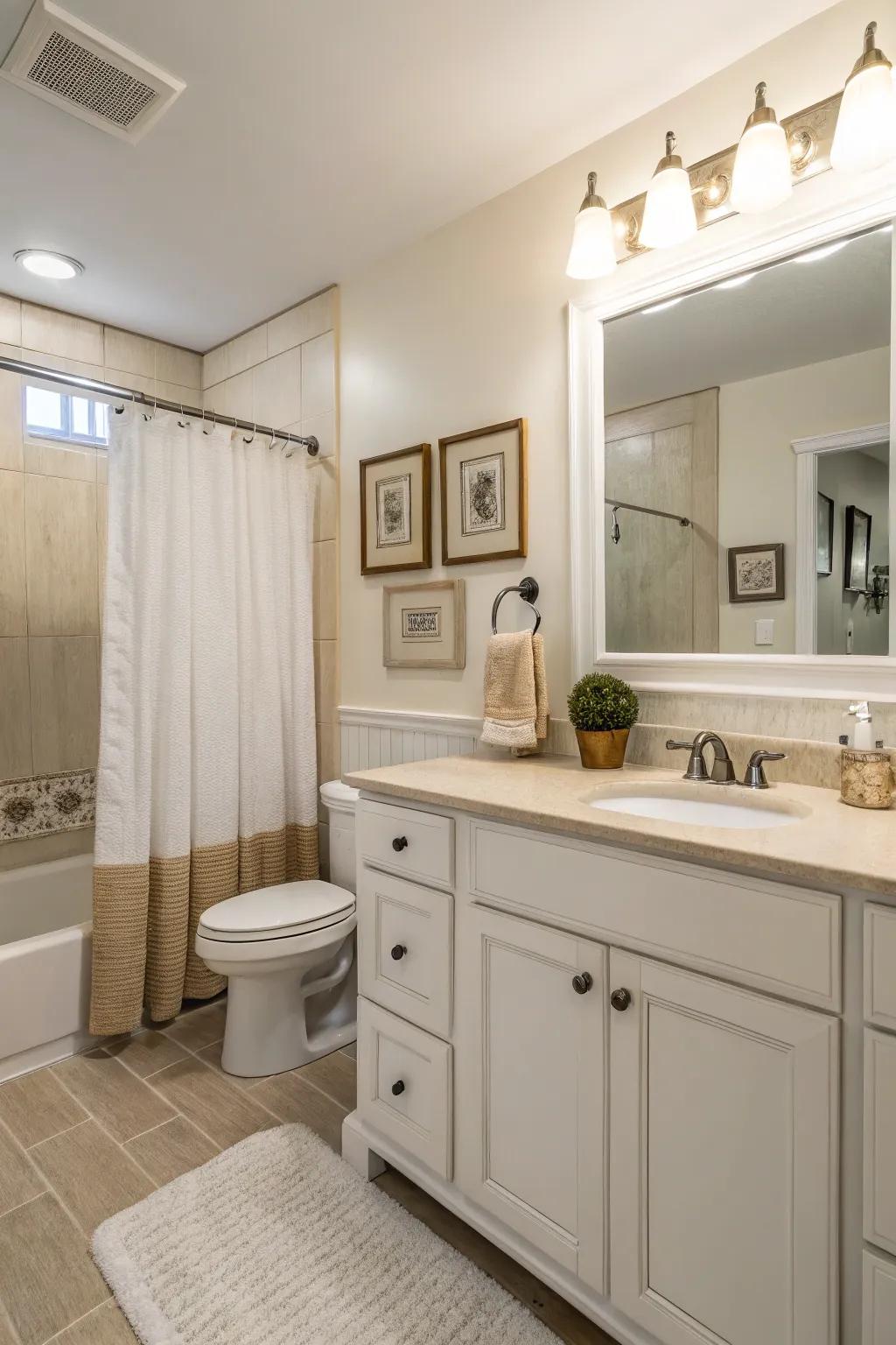 A calming arrangement of soft hues crafts an inviting and peaceful guest bathroom.