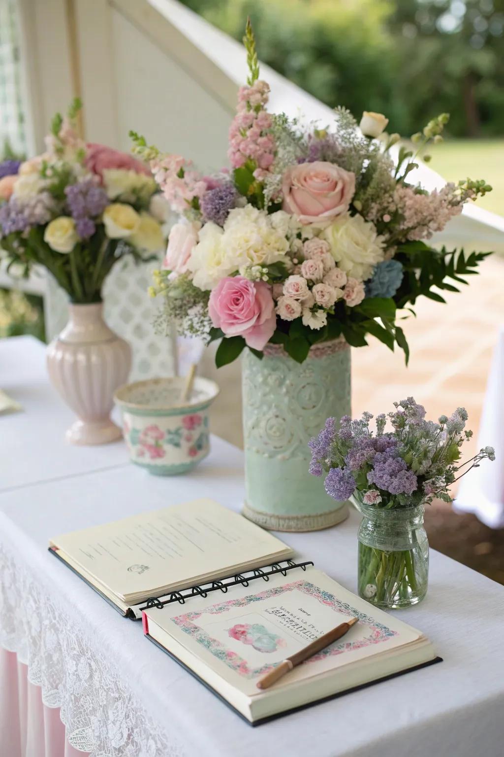 A guest book table boasting lovely floral arrangements.
