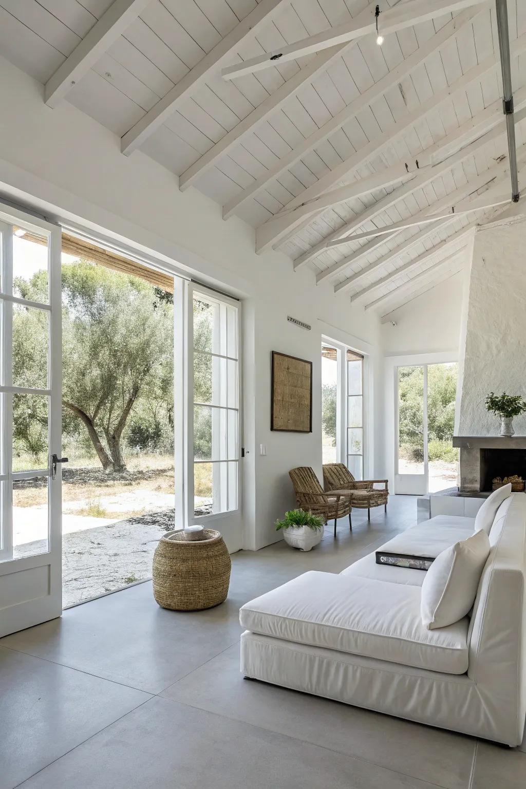 A minimalist guest house interior that emphasizes space and tranquility.