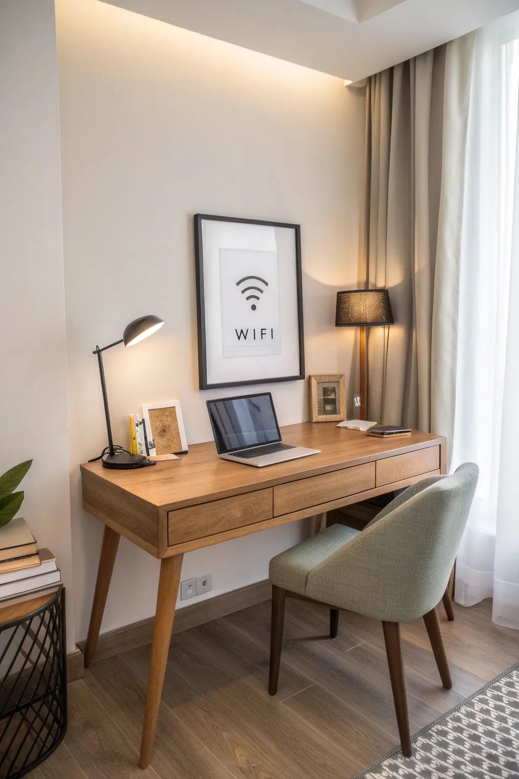 A framed WiFi sign harmoniously integrated into an inviting guest room setting.