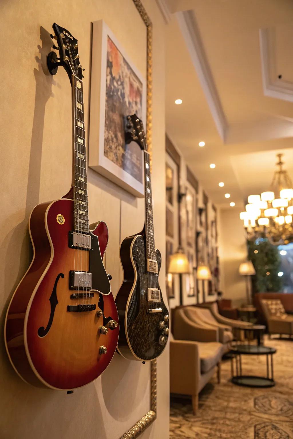 Guitars displayed as artistic focal points, harmonizing function and aesthetics.
