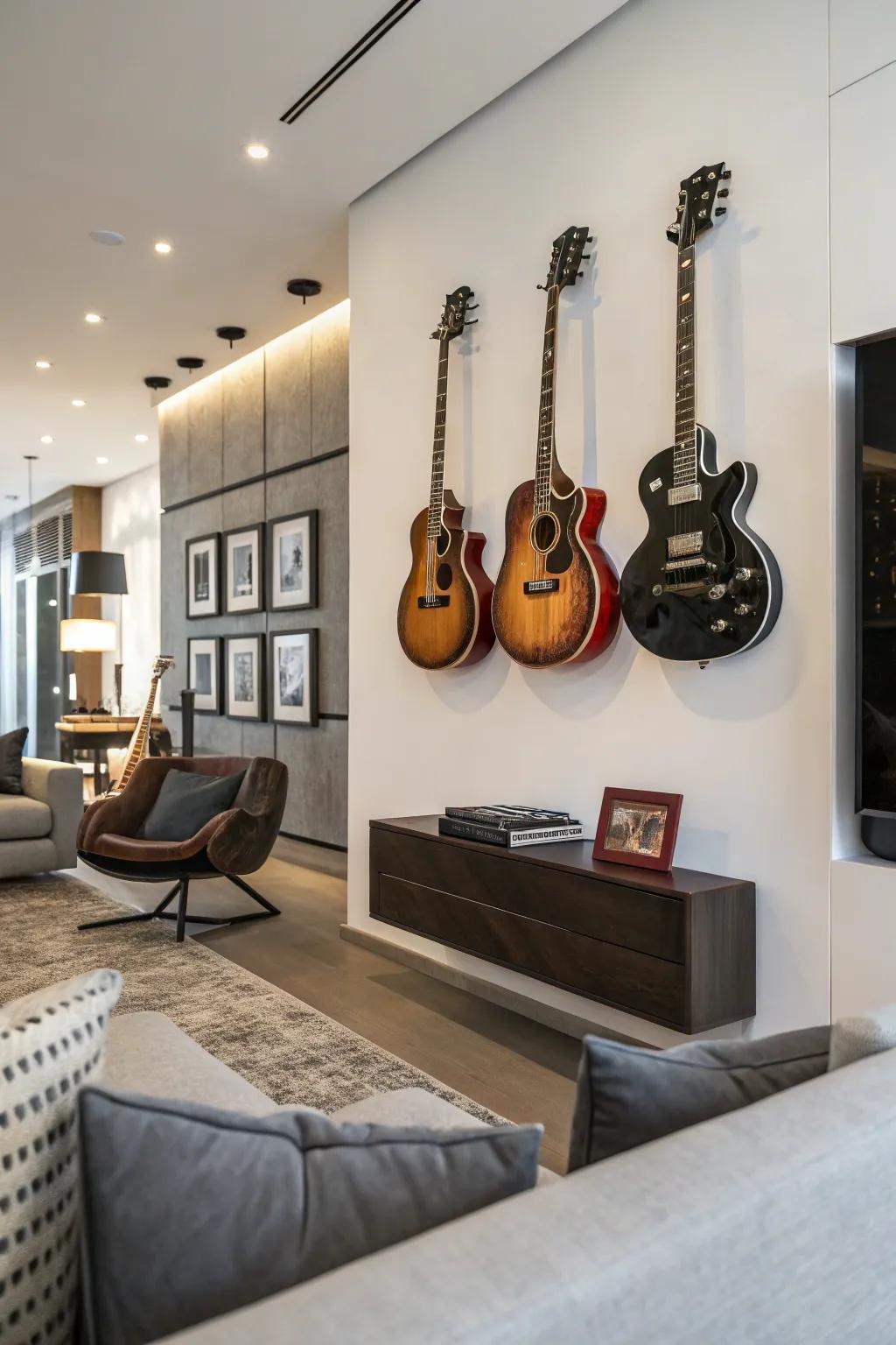 Vertical alignment of guitars showcased in a stylish contemporary living space.