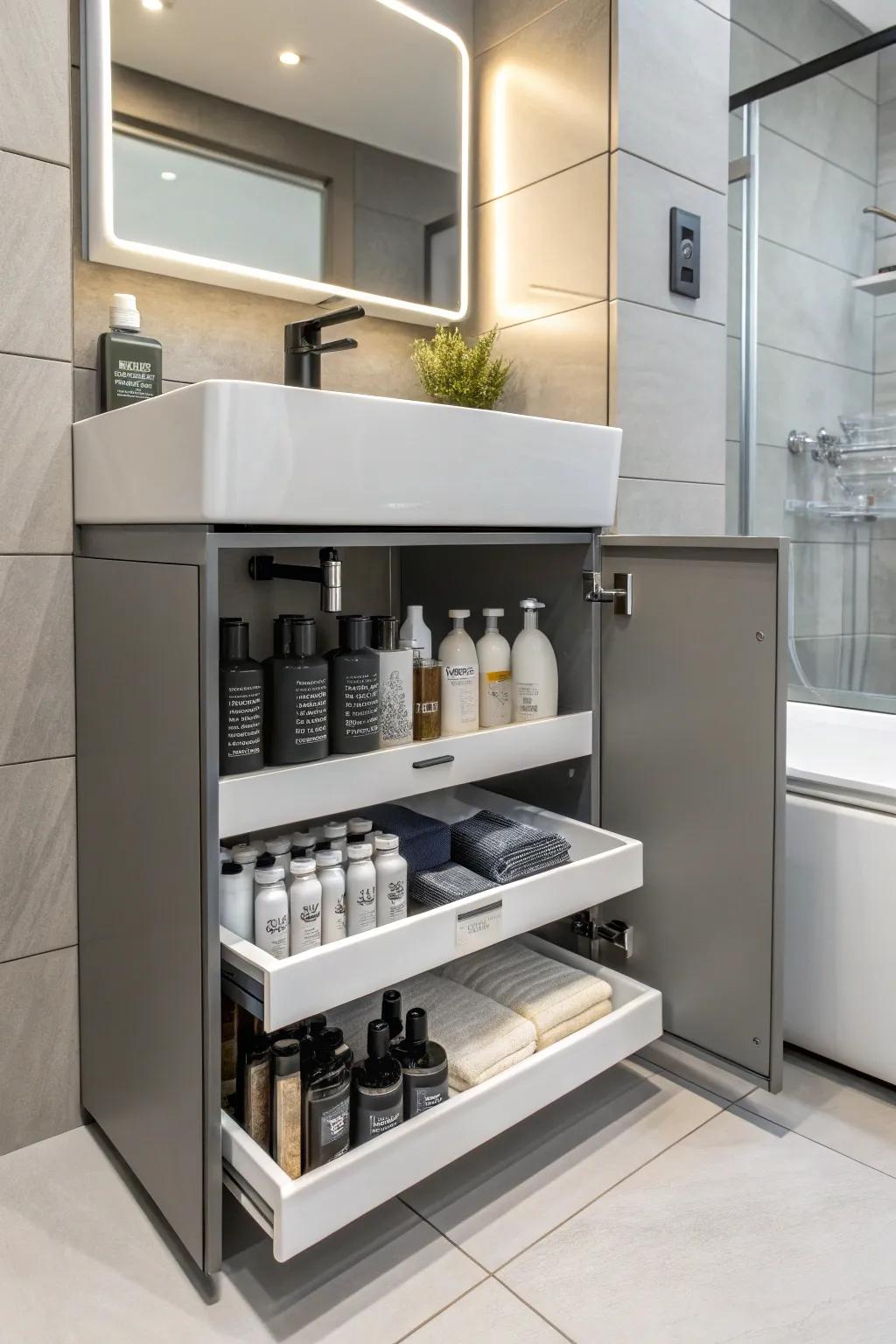 Effective beneath-the-sink organization with dedicated hair product storage.
