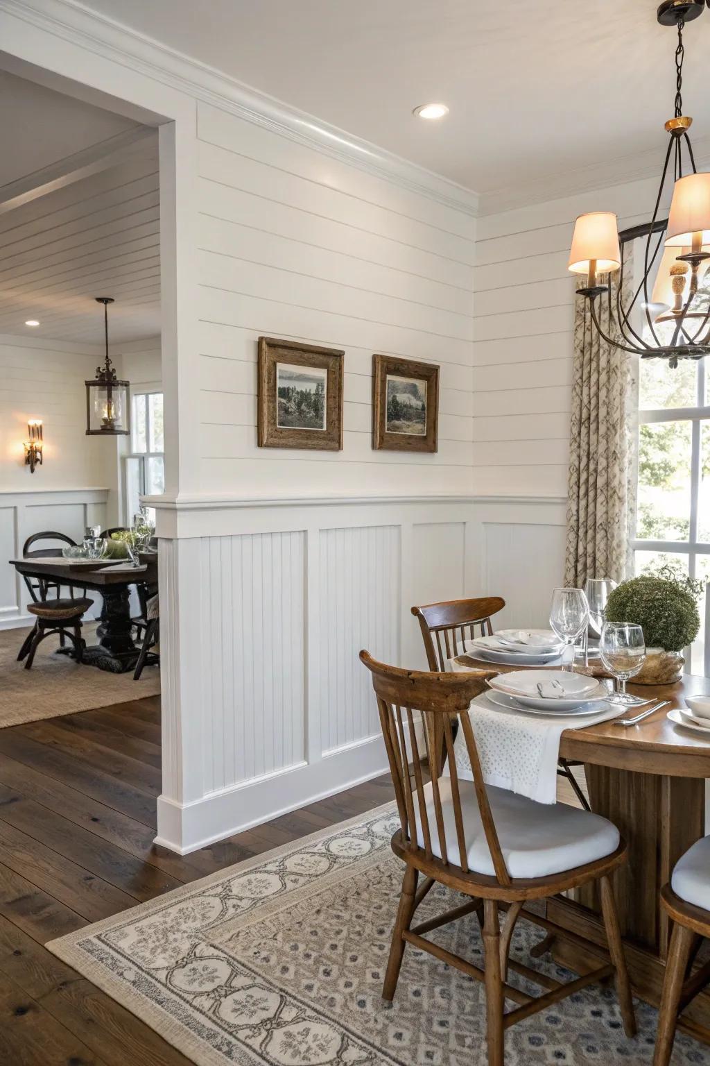 Classic snowy panels paired with a wooden chair border in a dining space.
